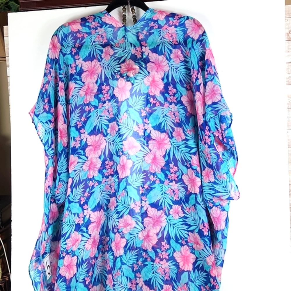 NWT, Fashion Beach cover up, Blue, Teal, pink floral, - Picture 3 of 4